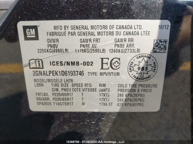 Aukcja sprzedaży 2013 Chevrolet Equinox 2lt, vin: 2GNALPEK1D6193746, numer aukcji: 12368788