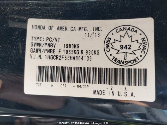 Honda k24w1 2017 1HGCR2F58HA804135 Image 9