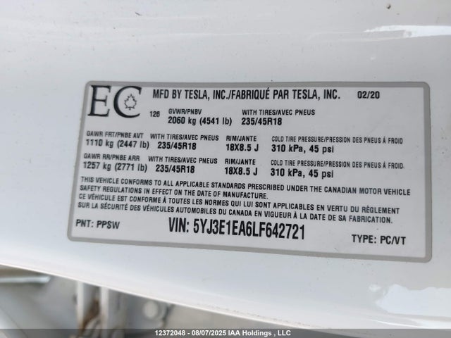 5YJ3E1EA6LF642721 Tesla 2020
