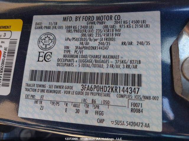 3FA6P0HD2KR144347 Ford 2019