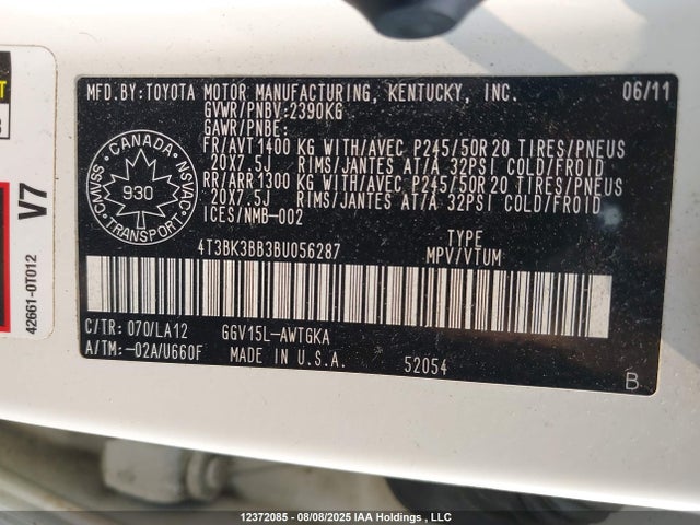 12372085 :رقم المزاد ، 4T3BK3BB3BU056287 vin ، 2011 Toyota Venza مزاد بيع