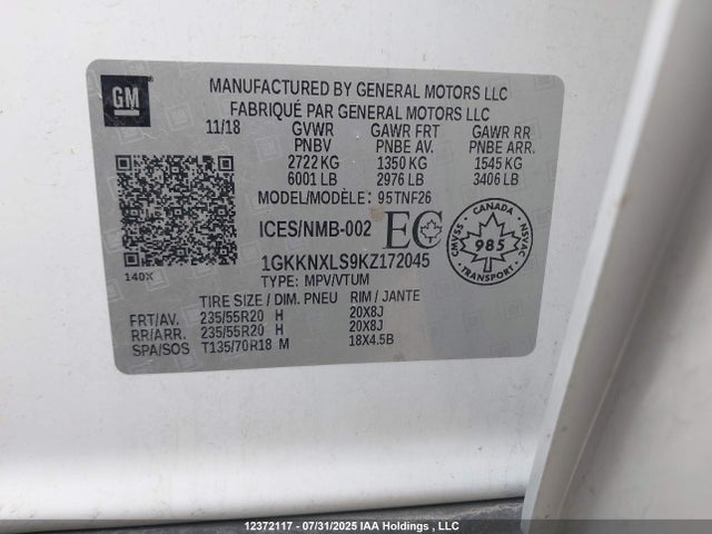 1GKKNXLS9KZ172045 GMC lgx - direct injection, variable valve timing, alum, gen 2
