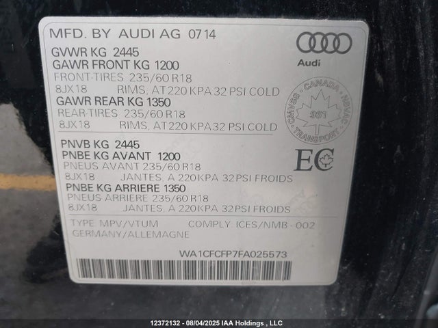 Audi flex fuel capable engine 2015 WA1CFCFP7FA025573 Image 9