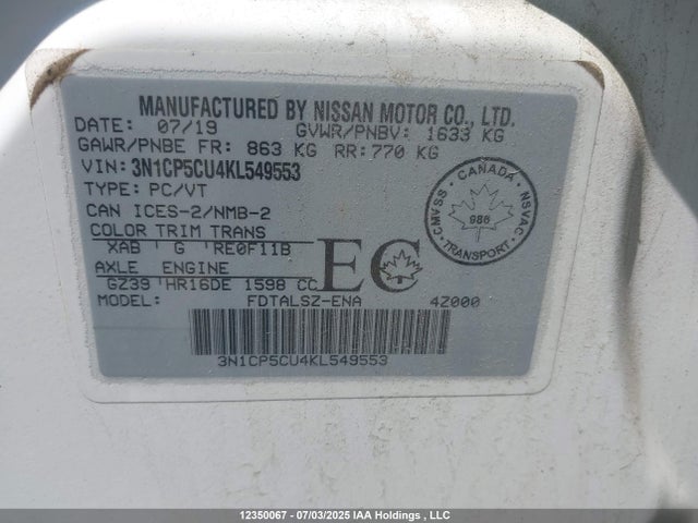 3N1CP5CU4KL549553 Nissan 2019