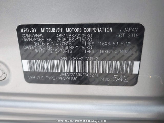 Mitsubishi mivec 2019 JA4AZ2A39KZ605271 Image 9