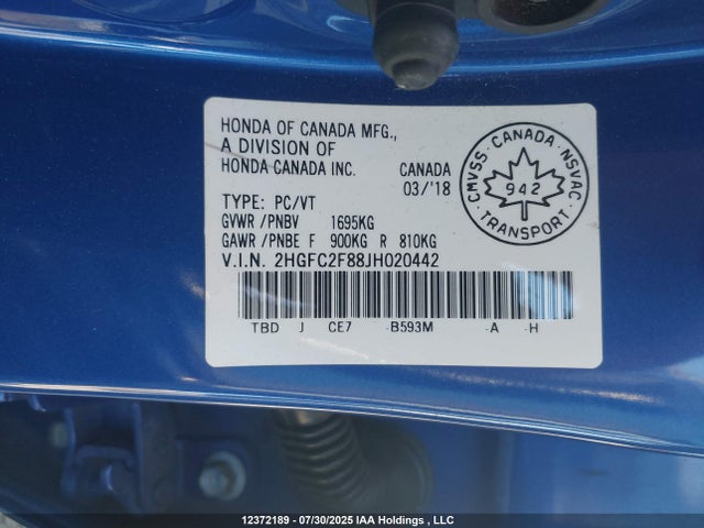 Honda k20c2 2018 2HGFC2F88JH020442 Image 9