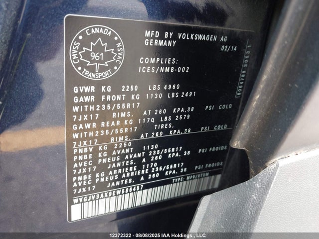 WVGJV3AX9EW586457 Volkswagen Tiguan