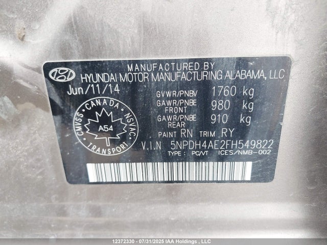 Hyundai dohc mpi nu 2015 5NPDH4AE2FH549822 Image 9