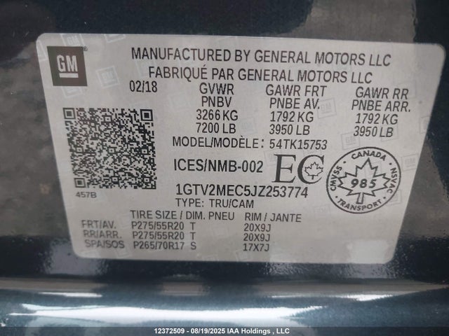 1GTV2MEC5JZ253774 GMC l83 -spark ignited direct injection, variable valve timing, afm, e85 max, alum