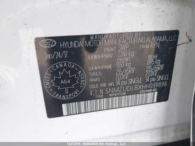 5NMZUDLBXHH039898 Hyundai gdi theta ii