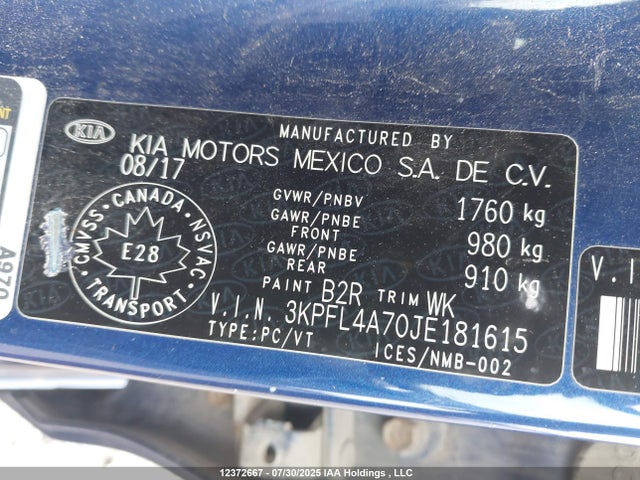 3KPFL4A70JE181615 KIA mpi nu