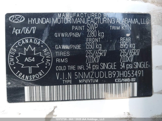 5NMZUDLB9JH053491 Hyundai gdi theta ii