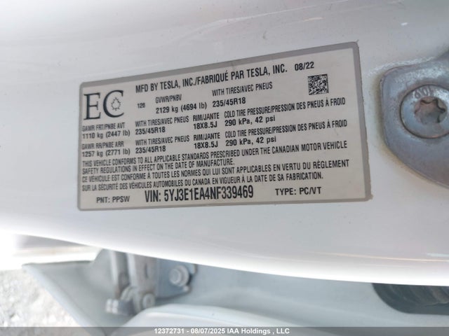 5YJ3E1EA4NF339469 Tesla MODEL 3