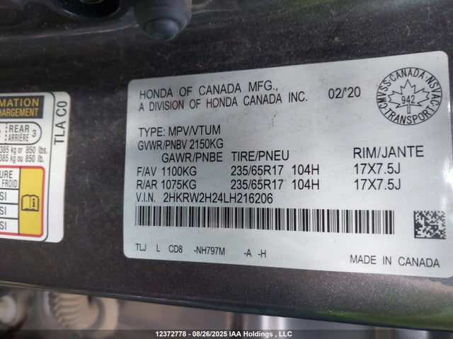 Honda l15be 2020 2HKRW2H24LH216206 Image 9