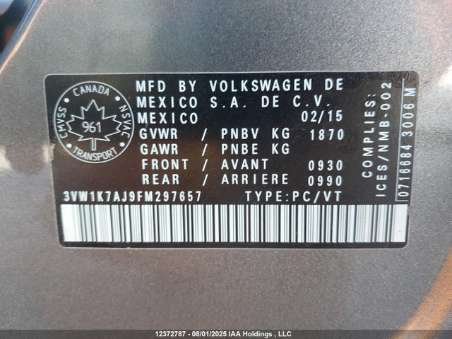 3VW1K7AJ9FM297657 Volkswagen 2015