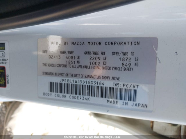 Aukcja sprzedaży 2013 Mazda 3 S, vin: JM1BL1W55D1803184, numer aukcji: 12372804