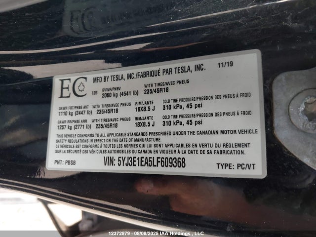 5YJ3E1EA5LF609368 Tesla MODEL 3