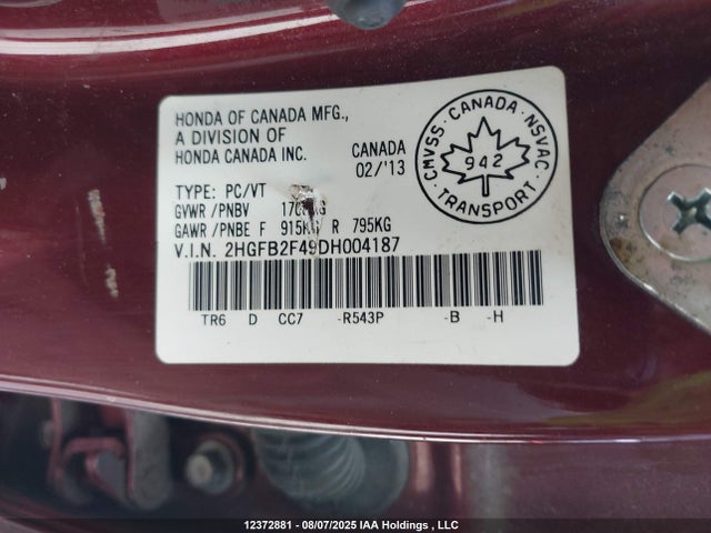 Продаж на аукціоні авто 2013 Honda Civic Lx, vin: 2HGFB2F49DH004187, номер лоту: 12372881
