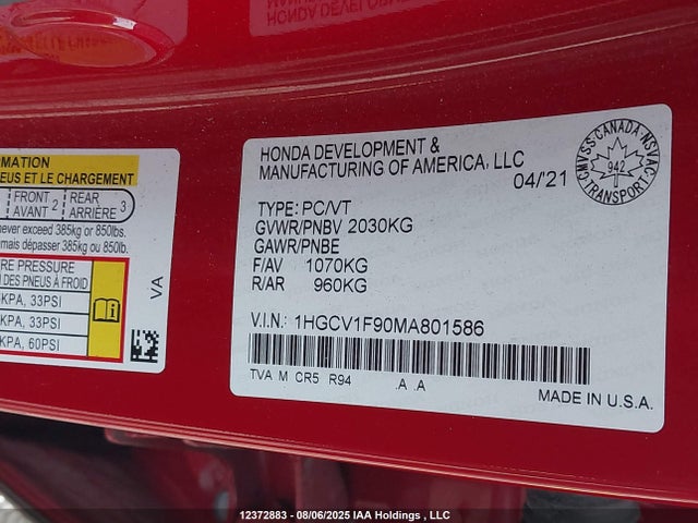Honda Accord 2021 1HGCV1F90MA801586 Image 9