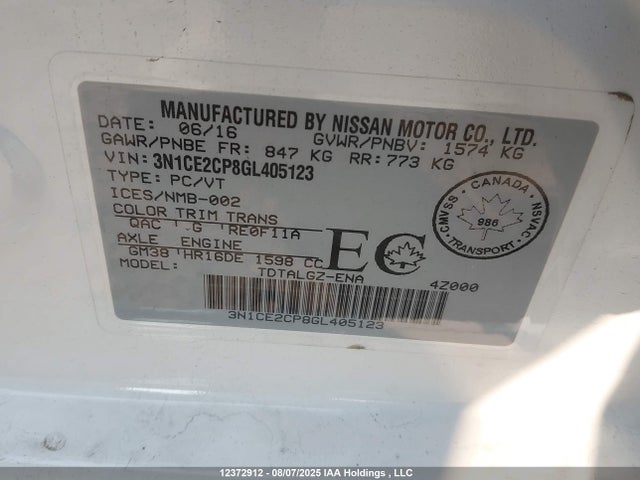 3N1CE2CP8GL405123 Nissan VERSA NOTE