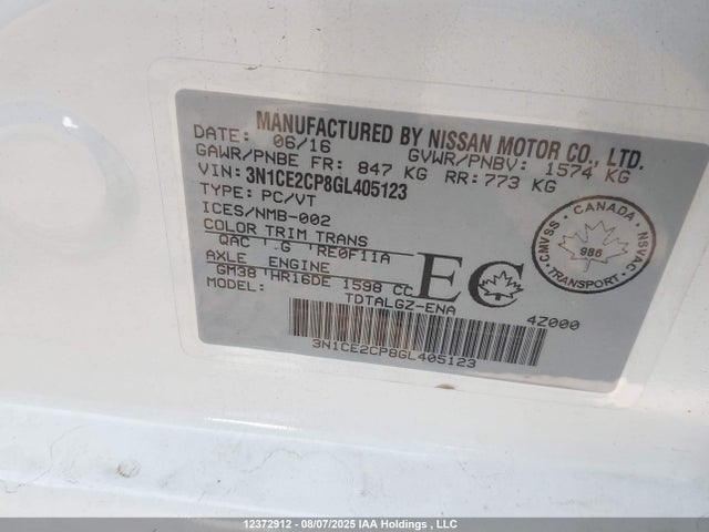3N1CE2CP8GL405123 Nissan VERSA NOTE