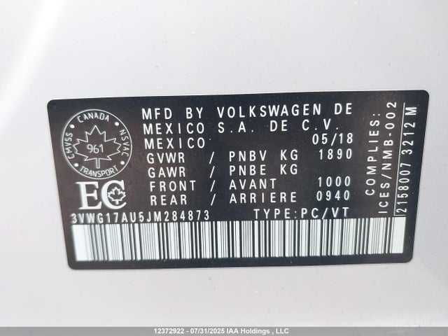 3VWG17AU5JM284873 Volkswagen 2018