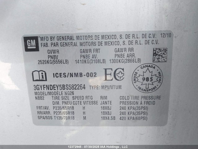 Продаж на аукціоні авто 2011 Cadillac Srx Luxury Collection, vin: 3GYFNDEY5BS582264, номер лоту: 12372945