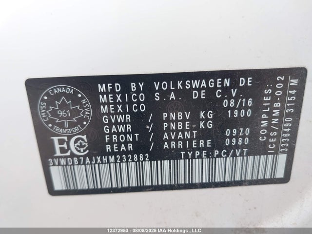 3VWDB7AJXHM232882 Volkswagen Jetta Wolfsburg Edition