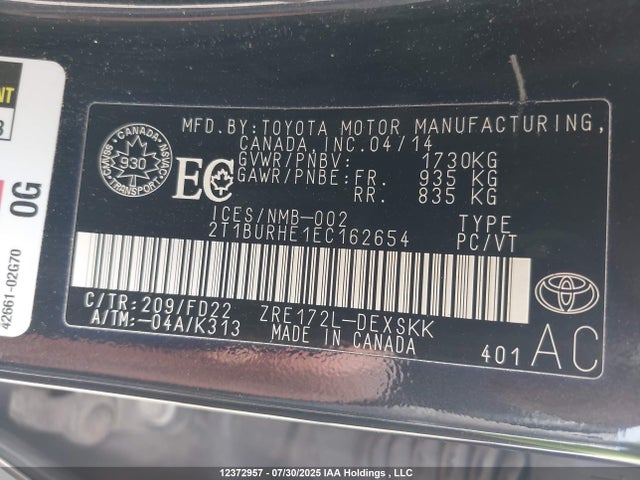 Toyota 2zr-fe 2014 2T1BURHE1EC162654 Image 9