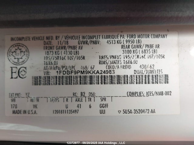 Ford Transit 2019 1FDBF9PM9KKA24983 Image 9
