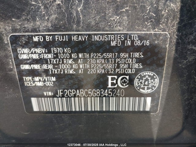 JF2GPABC5G8345240 Subaru naturally aspirated
