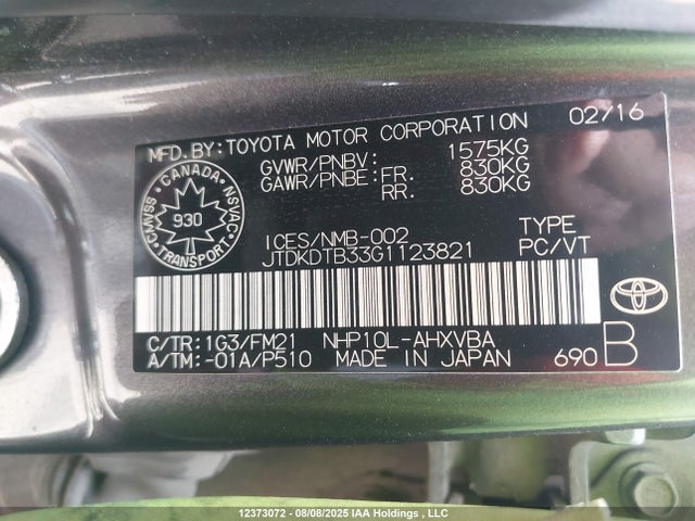 JTDKDTB33G1123821 Toyota 1nz-fxe+1lm