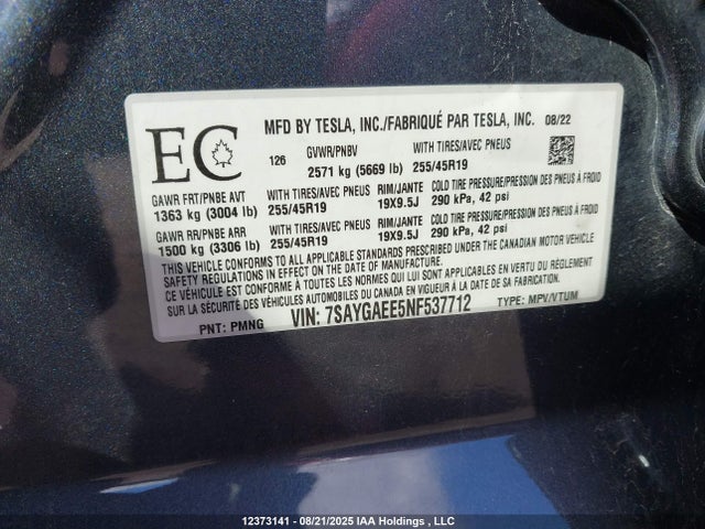 7SAYGAEE5NF537712 Tesla Model Y