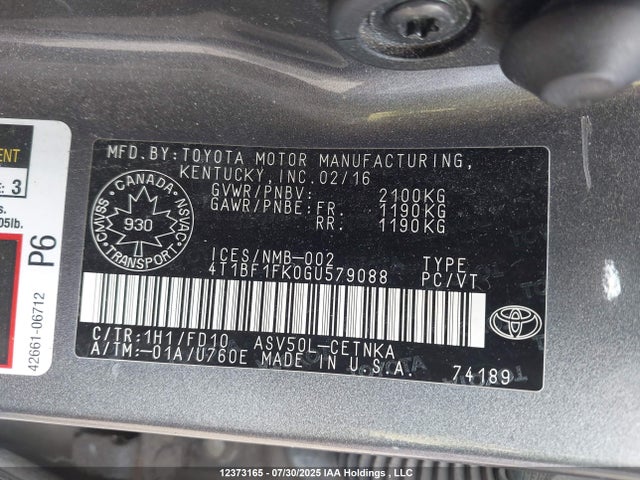 4T1BF1FK0GU579088 Toyota 2ar-fe