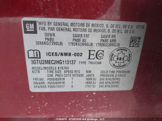 3GTU2MEC2HG113137 GMC l83 -spark ignited direct injection, variable valve timing, afm, e85 max, alum