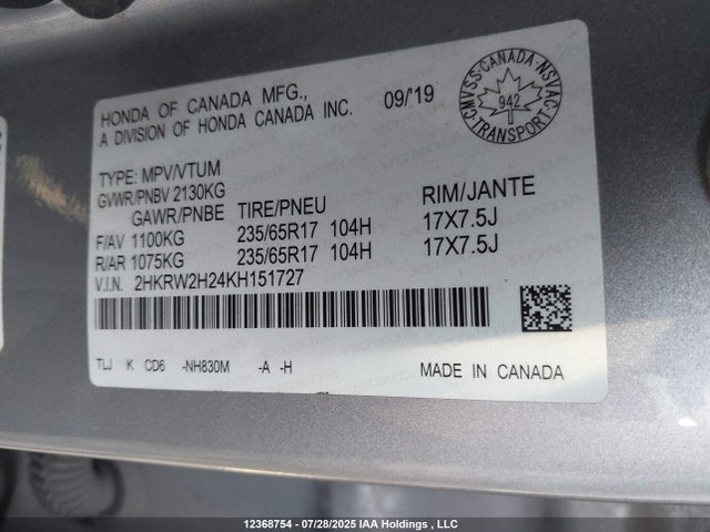 2HKRW2H24KH151727 Honda k24w9/k24v9