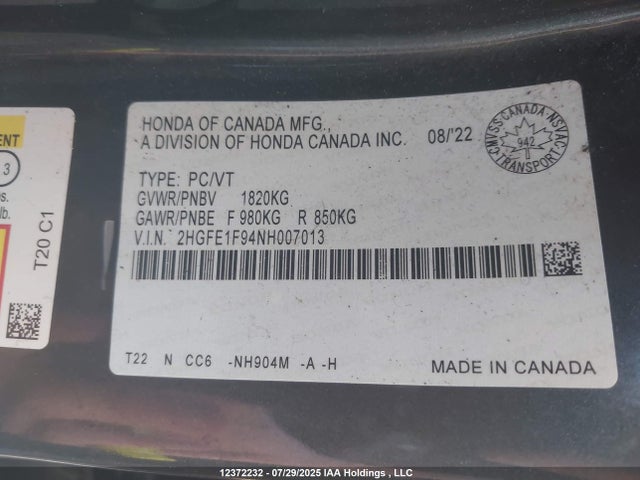 Honda l15b7 2022 2HGFE1F94NH007013 Image 9