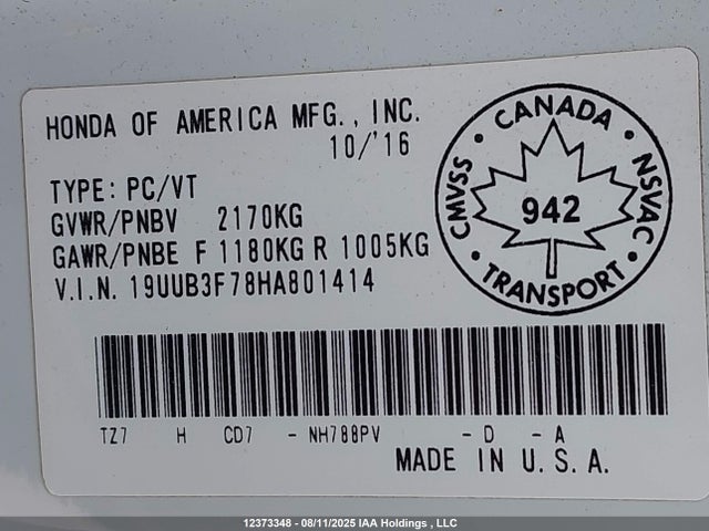Acura j35y6 2017 19UUB3F78HA801414 Image 9