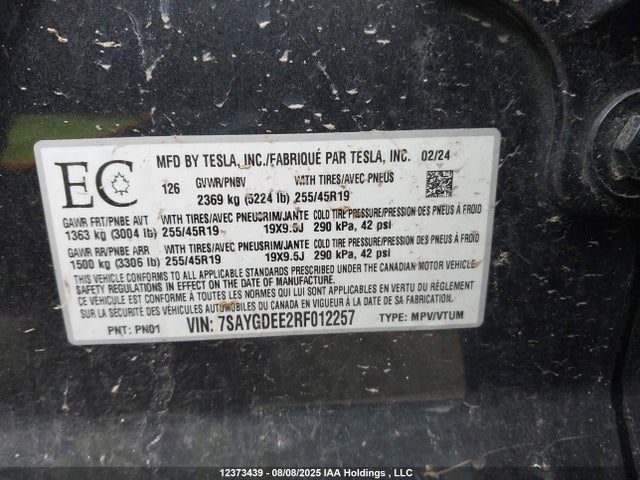 7SAYGDEE2RF012257 Tesla Model Y
