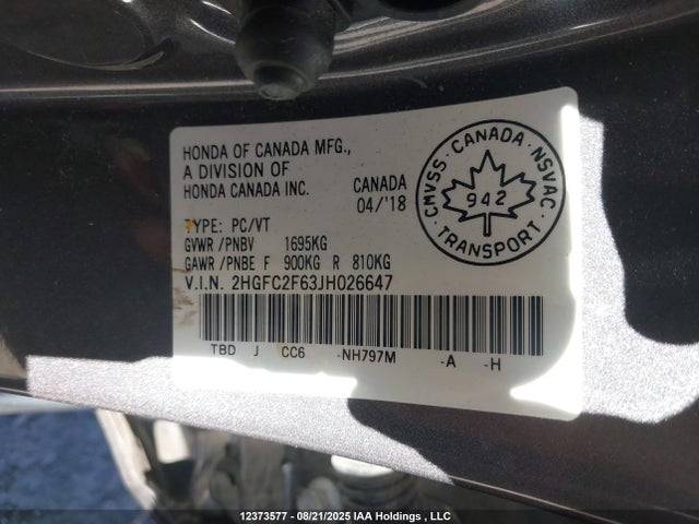 Honda k20c2 2018 2HGFC2F63JH026647 Image 9