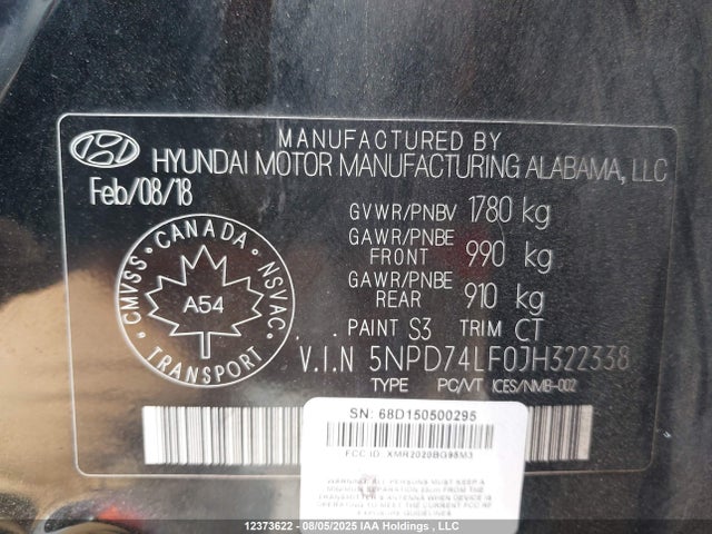 12373622 :رقم المزاد ، 5NPD74LF0JH322338 vin ، 2018 Hyundai Elantra مزاد بيع