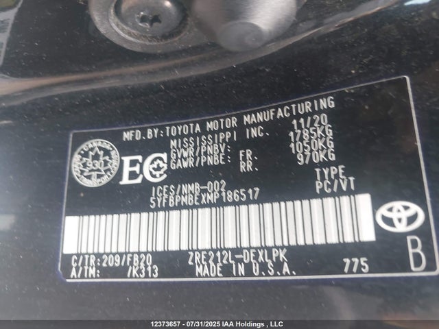 Продаж на аукціоні авто 2021 Toyota Corolla, vin: 5YFBPMBEXMP186517, номер лоту: 12373657