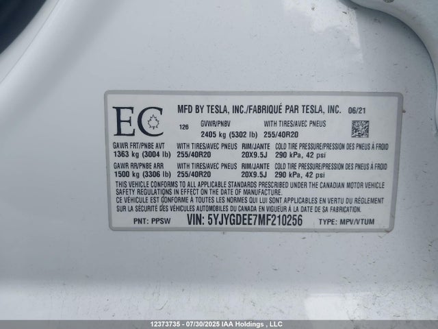 5YJYGDEE7MF210256 Tesla Model Y