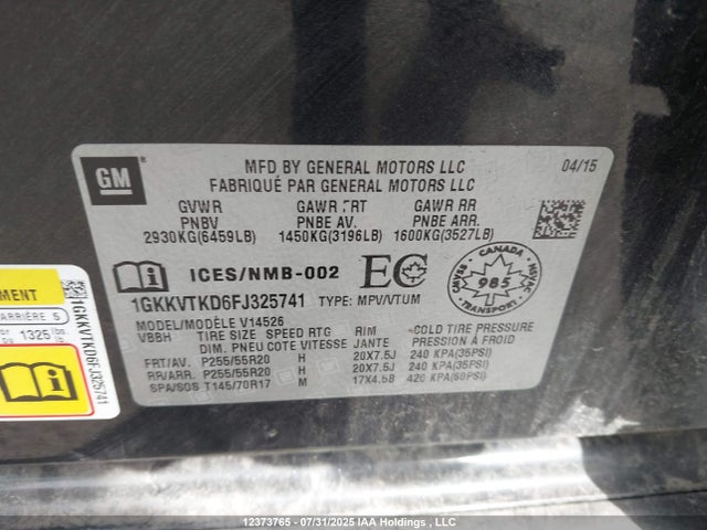 Auction sale of the 2015 Gmc Acadia Denali, vin: 1GKKVTKD6FJ325741, lot number: 12373765