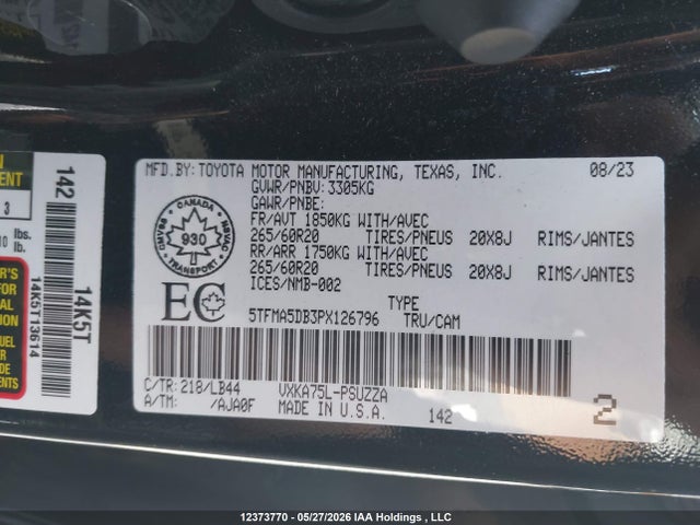 Продажа на аукционе авто 2023 Toyota Tundra Platinum, vin: 5TFMA5DB3PX126796, номер лота: 12373770