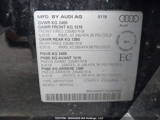 WA1ANAFY7K2057693 Audi 2019