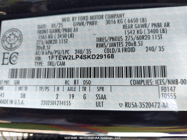 Ford 4v 2025 1FTEW2LP4SKD29168 Image 9