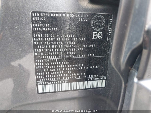 3VV8B7AXXNM097425 Volkswagen 2022
