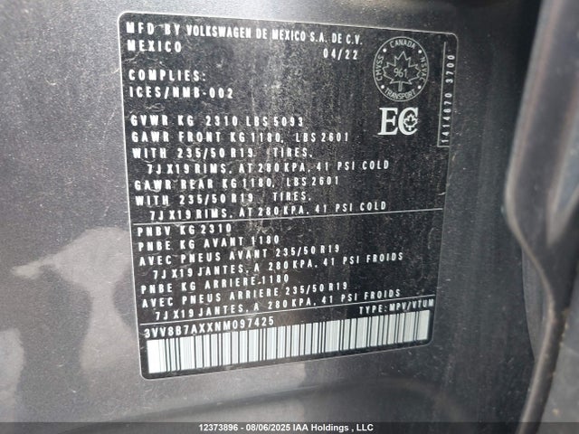3VV8B7AXXNM097425 Volkswagen 2022