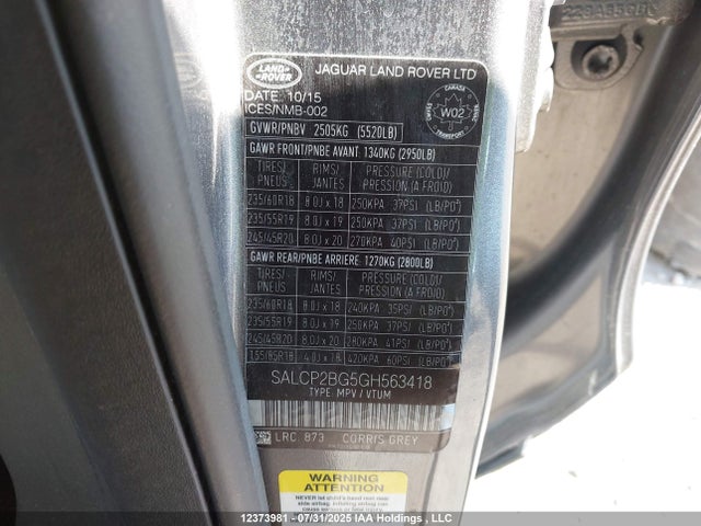 Land Rover gtdi lev3 sulev30 2016 SALCP2BG5GH563418 Image 9